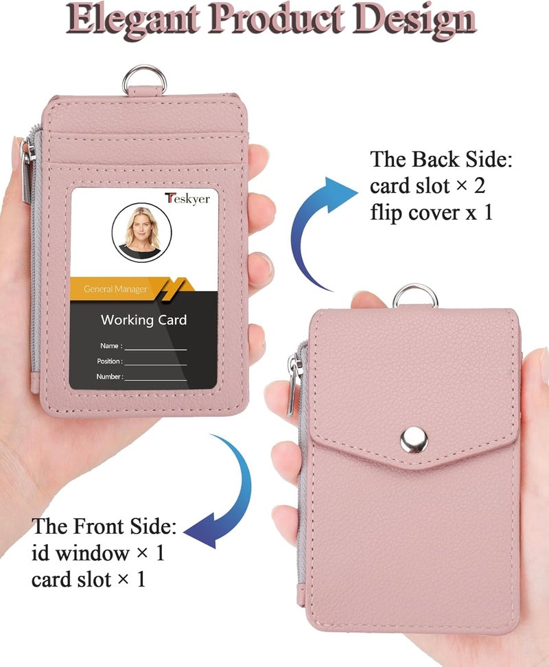 Teskyer Badge Holder with Side Zip Pocket, Multiple Card Slots Leather ID Holder Wallet with Neck Lanyard for Office Staffs, Teachers/Students, Workers, Cruise Cards, Bus/Metro Cards, Lichee Dark Pink - Image 3