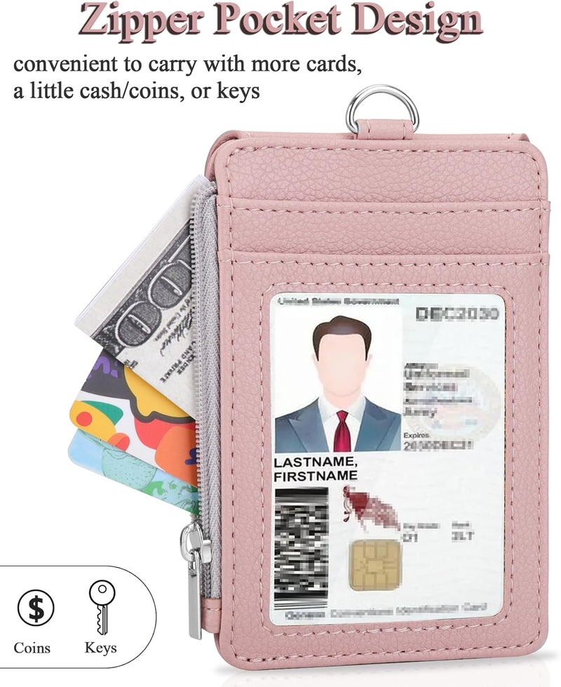 Teskyer Badge Holder with Side Zip Pocket, Multiple Card Slots Leather ID Holder Wallet with Neck Lanyard for Office Staffs, Teachers/Students, Workers, Cruise Cards, Bus/Metro Cards, Lichee Dark Pink - Image 5