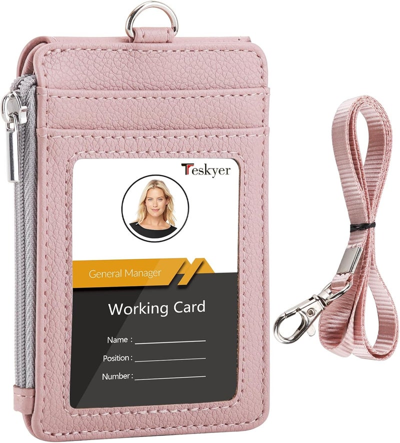 Teskyer Badge Holder with Side Zip Pocket, Multiple Card Slots Leather ID Holder Wallet with Neck Lanyard for Office Staffs, Teachers/Students, Workers, Cruise Cards, Bus/Metro Cards, Lichee Dark Pink - Image 1