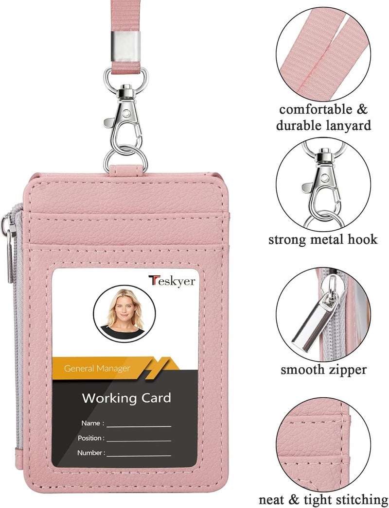 Teskyer Badge Holder with Side Zip Pocket, Multiple Card Slots Leather ID Holder Wallet with Neck Lanyard for Office Staffs, Teachers/Students, Workers, Cruise Cards, Bus/Metro Cards, Lichee Dark Pink - Image 2