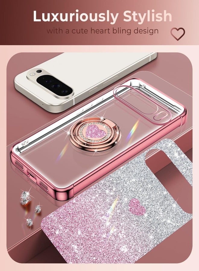 XYZ for Google Pixel 10 Pro XL Case with Stand, Phone Case with Double Ring Kickstand, Women Girs Bling Luxury Glitter Clear Phone Cover Heart for Google Pixel 10 Pro XL, Rose Gold - Image 5