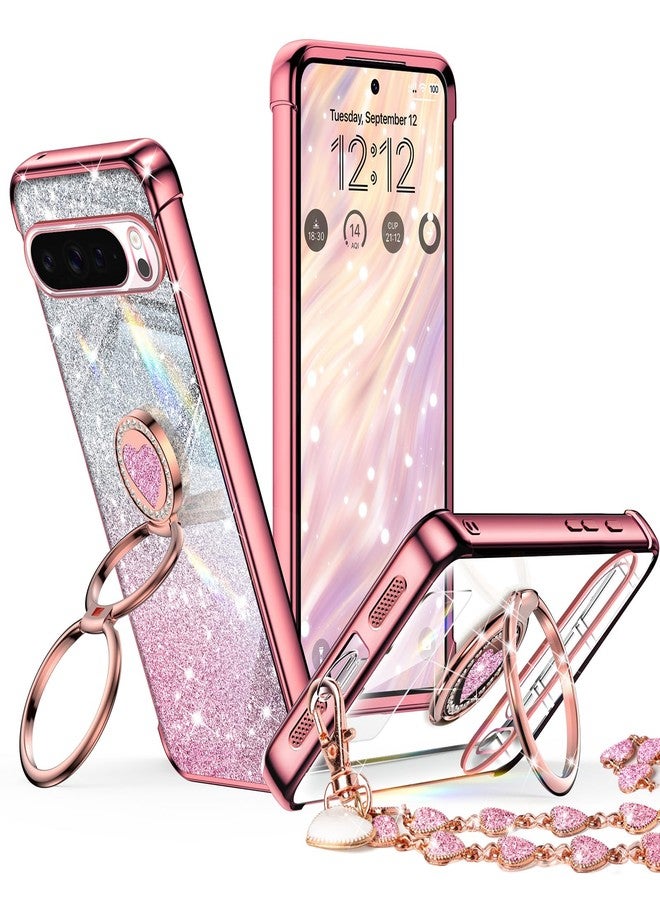 XYZ for Google Pixel 10 Pro XL Case with Stand, Phone Case with Double Ring Kickstand, Women Girs Bling Luxury Glitter Clear Phone Cover Heart for Google Pixel 10 Pro XL, Rose Gold - Image 1