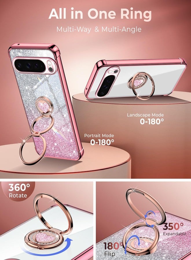 XYZ for Google Pixel 10 Pro XL Case with Stand, Phone Case with Double Ring Kickstand, Women Girs Bling Luxury Glitter Clear Phone Cover Heart for Google Pixel 10 Pro XL, Rose Gold - Image 3
