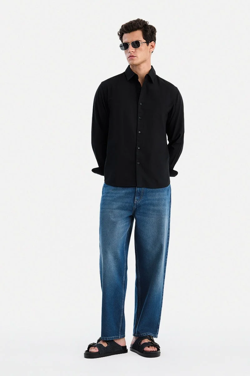 سنيتش Black Solid Long Sleeve Regular Fit Shirt
