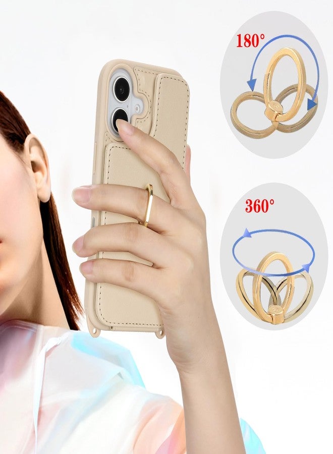 جراب Lipvina لهاتف iPhone 17 Pro مع حامل بطاقات وحزام للنساء، حبل للكتف، حامل حلقي، مشبك كبس، جرابات محفظة هاتف لطيفة 6.3 بوصة (بيج) - Image 5