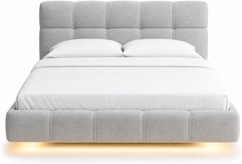 Modern Upholstered LED Floating Bed Frame with Tufted Headboard - King Size (180 x 200 cm, Light Grey) - Image 3