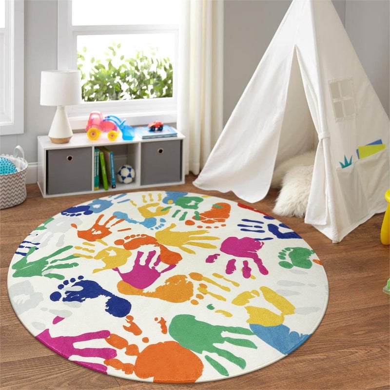 STARUIA Colorful Round Rug for Kids Bedroom 4x4 Handprints and Footprints Circle Rug for Playroom Rainbow Washable Rug for Nursery Small Circular Carpet for Classroom Dorm Daycare