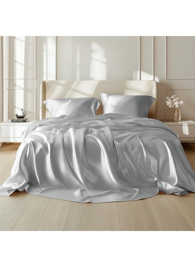 Bedsure Bedsure Satin Sheets - King Sheet Set, 4 Pcs King Bed Sheets, Similar to Silk Sheets, Bed Sheets King Size for Hair and Skin, Gifts for Women (Silver Grey, King)  - Image 1