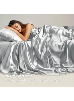 Bedsure Bedsure Satin Sheets - King Sheet Set, 4 Pcs King Bed Sheets, Similar to Silk Sheets, Bed Sheets King Size for Hair and Skin, Gifts for Women (Silver Grey, King)  - Image 3