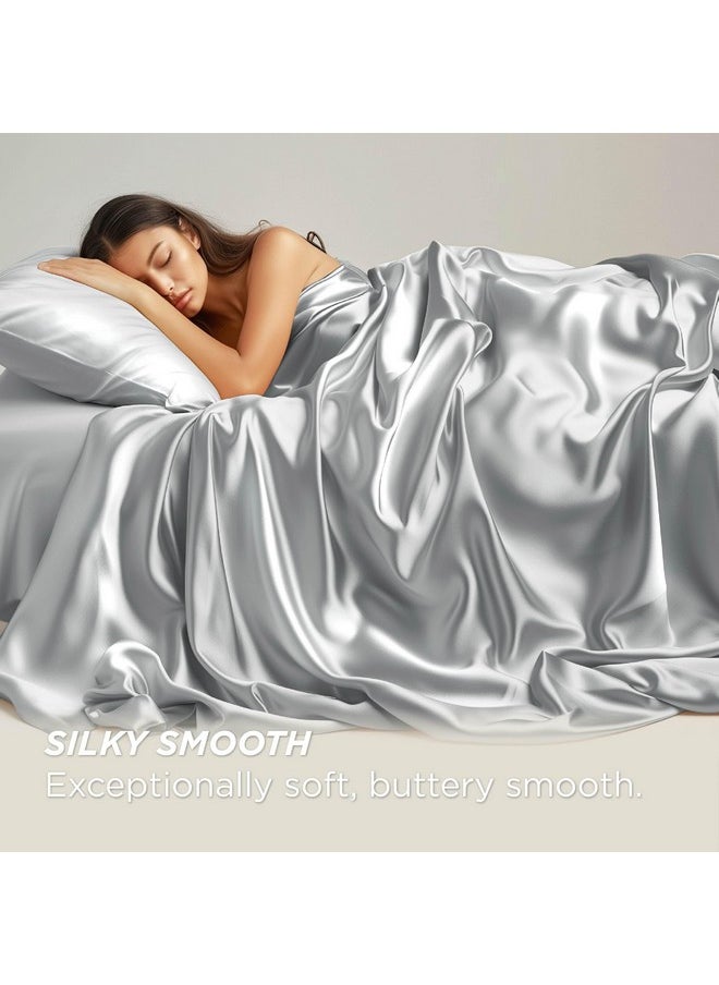 Bedsure Bedsure Satin Sheets - King Sheet Set, 4 Pcs King Bed Sheets, Similar to Silk Sheets, Bed Sheets King Size for Hair and Skin, Gifts for Women (Silver Grey, King)  - Image 3