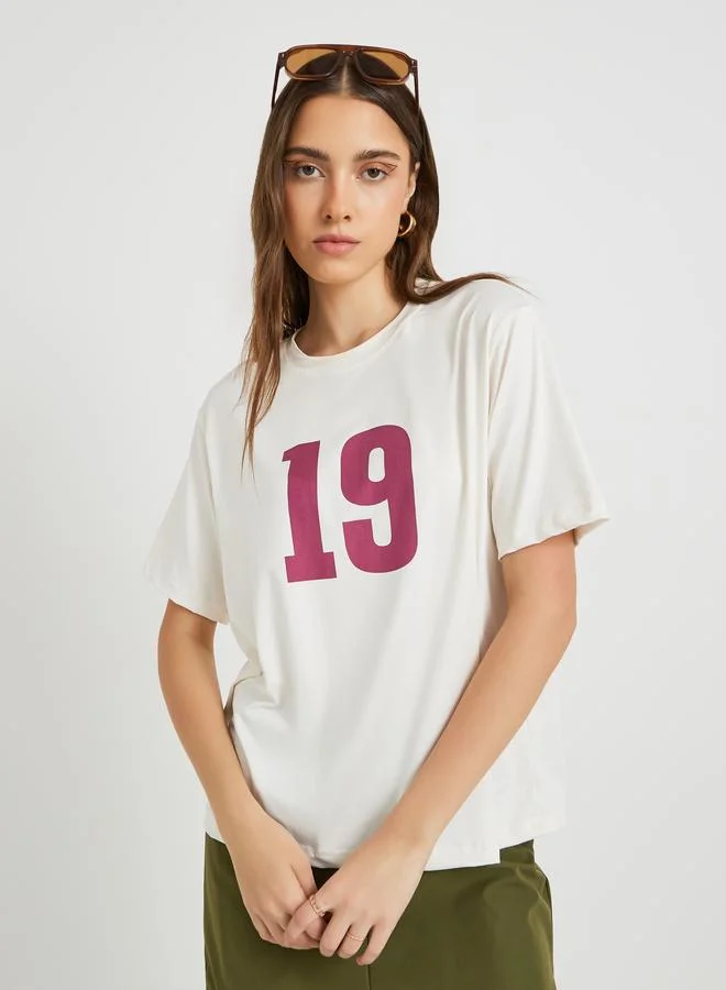 تايك تو Take Two Slogan Print Round Neck T-Shirt