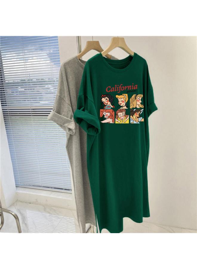 Korean Large Size Women's New Short-sleeved Long T-shirt Women's Summer Over-the-knee Lazy Cartoon Long Dress Cyber Popular Dress 
