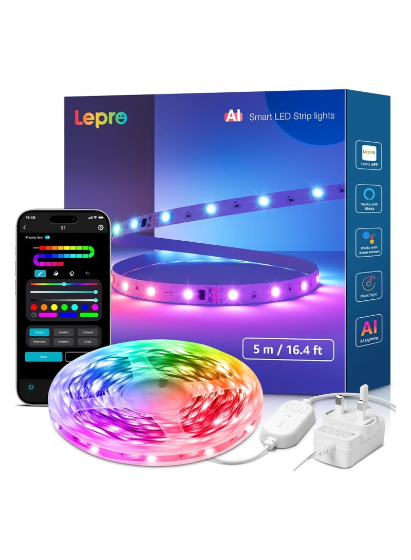 Lepro S1 AI Smart Rainbow LED Strip Light 5M, 30 LEDs/M, Music Sync, Works  & Google Home, WiFi Bluetooth App Voice Control, AI Lighting Design Assistant, MagicColor LED Lights for Bedroom - Image 1