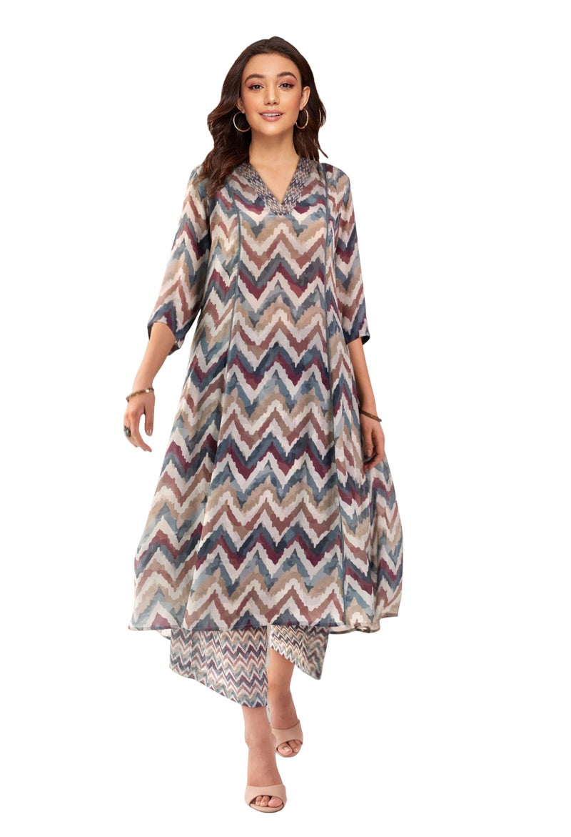 Toochki Dress for Women | Maxi | A line Two Peice | 3/4 Sleeve Cotton Rayon | Western Dresses | Latest co ord Set | Trendy | A Line | Multicolor Chevron - Image 1