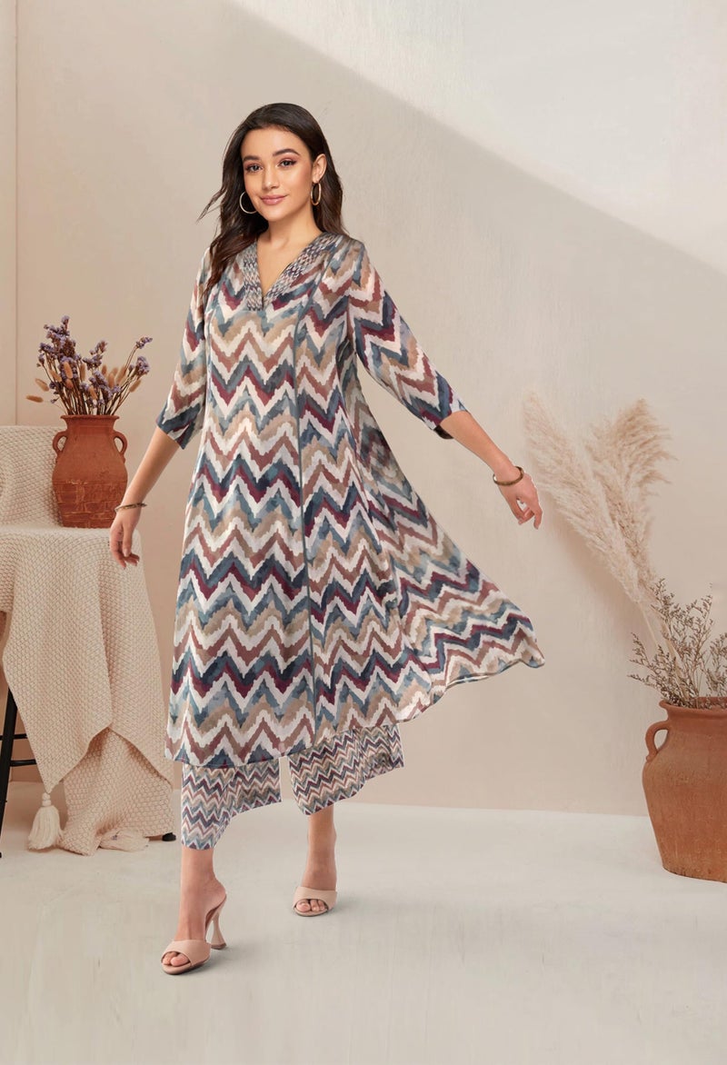 Toochki Dress for Women | Maxi | A line Two Peice | 3/4 Sleeve Cotton Rayon | Western Dresses | Latest co ord Set | Trendy | A Line | Multicolor Chevron - Image 3