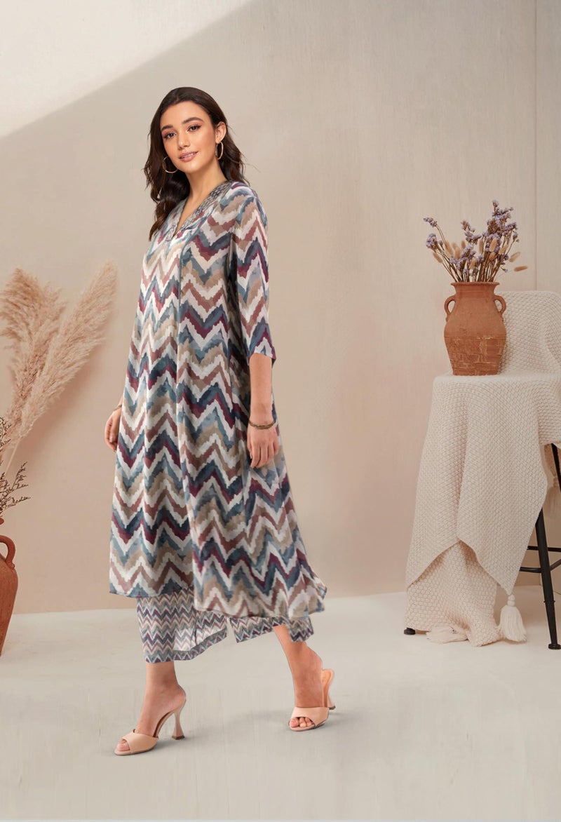 Toochki Dress for Women | Maxi | A line Two Peice | 3/4 Sleeve Cotton Rayon | Western Dresses | Latest co ord Set | Trendy | A Line | Multicolor Chevron - Image 4