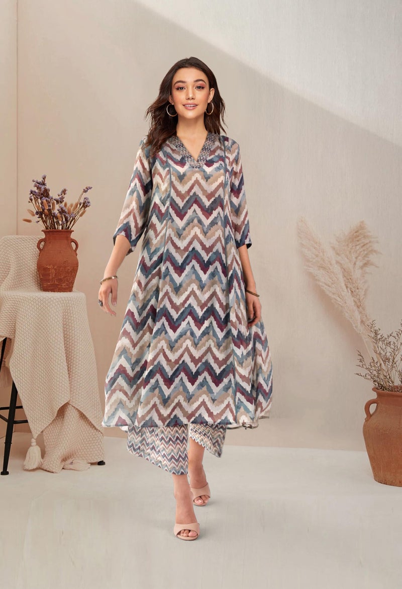 Toochki Dress for Women | Maxi | A line Two Peice | 3/4 Sleeve Cotton Rayon | Western Dresses | Latest co ord Set | Trendy | A Line | Multicolor Chevron - Image 2