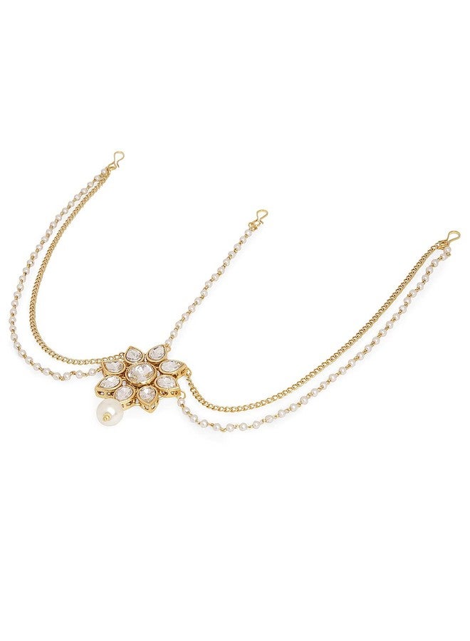 fabula Jewellery Gold Tone Kundan and Pearls Floral Traditional Maangtikka/Matha Patti/SheeshPhool For Women & Girls Stylish Latest (DDP4_AFR1) - Image 2