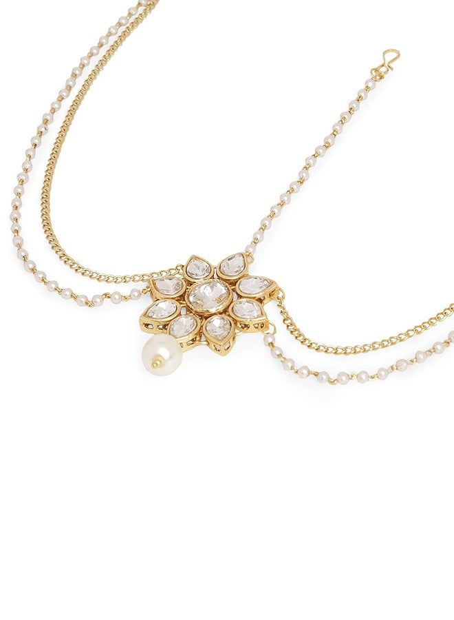 fabula Jewellery Gold Tone Kundan and Pearls Floral Traditional Maangtikka/Matha Patti/SheeshPhool For Women & Girls Stylish Latest (DDP4_AFR1) - Image 3