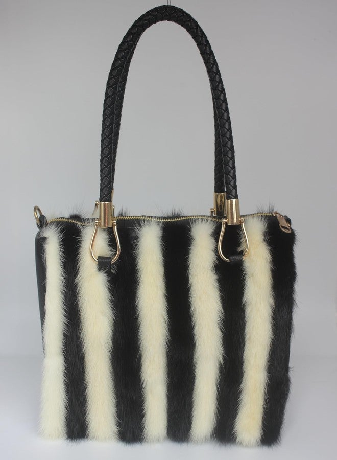Chunxiao Luxury Natural Mink Fur Handbag with Leather Handle - Medium Size, Ethical Sourcing, 12x7x5 inches (white and blank) (white and black) - Image 2