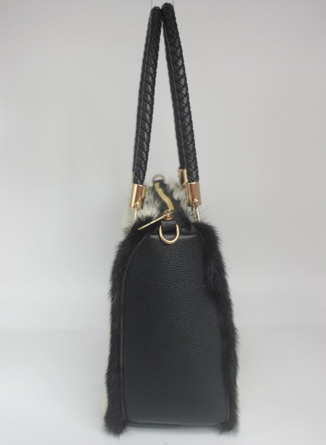 Chunxiao Luxury Natural Mink Fur Handbag with Leather Handle - Medium Size, Ethical Sourcing, 12x7x5 inches (white and blank) (white and black) - Image 5