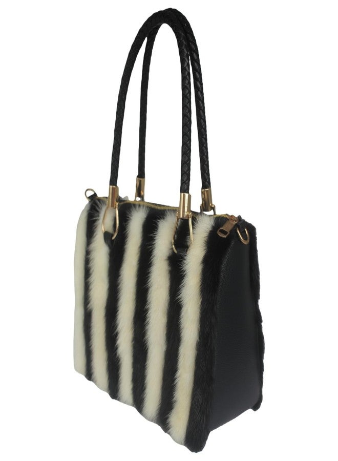 Chunxiao Luxury Natural Mink Fur Handbag with Leather Handle - Medium Size, Ethical Sourcing, 12x7x5 inches (white and blank) (white and black) - Image 1