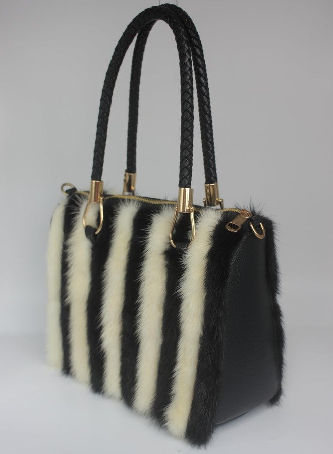 Chunxiao Luxury Natural Mink Fur Handbag with Leather Handle - Medium Size, Ethical Sourcing, 12x7x5 inches (white and blank) (white and black) - Image 3