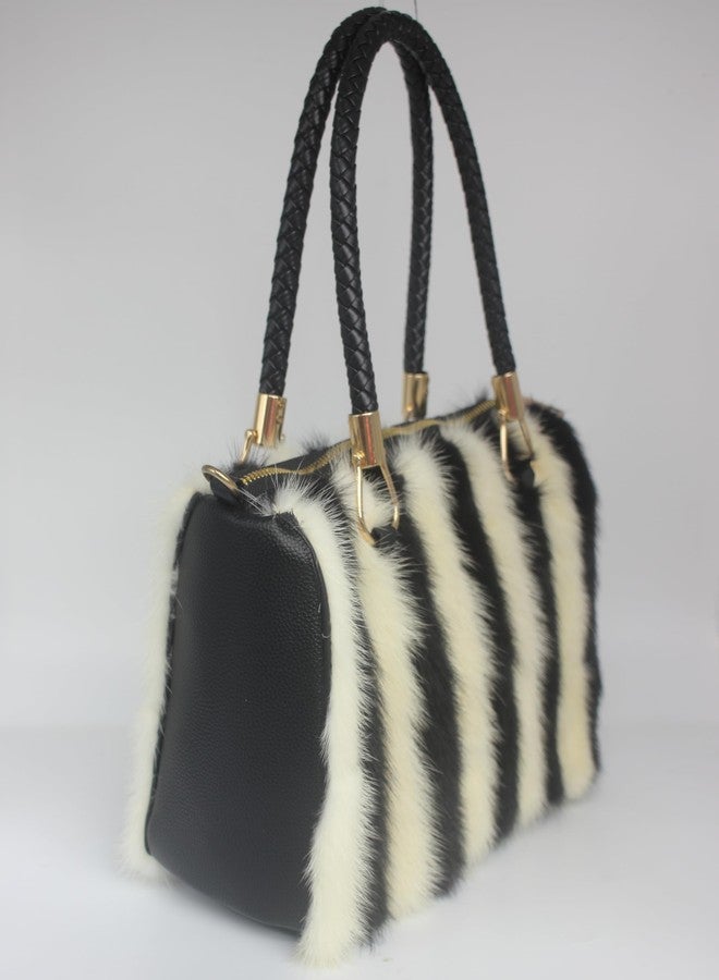 Chunxiao Luxury Natural Mink Fur Handbag with Leather Handle - Medium Size, Ethical Sourcing, 12x7x5 inches (white and blank) (white and black) - Image 4