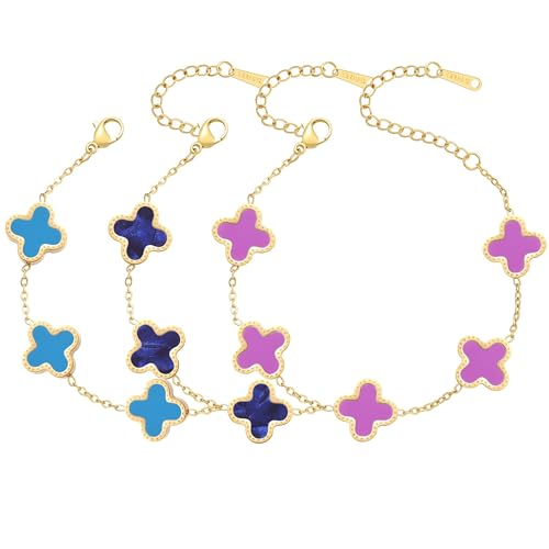 AIPPK 18K Gold Plated Clover Bracelet Set for Women Fashion Simple Four Leaf Lucky Flower Bracelets Jewelry Gifts for Women 3Pcs (Blue+Dark blue+Purple) - Image 1