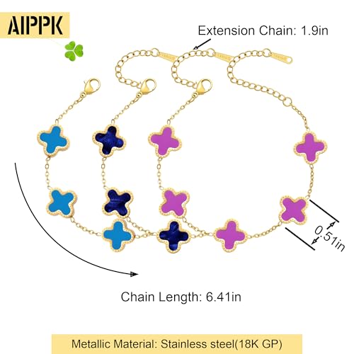 AIPPK 18K Gold Plated Clover Bracelet Set for Women Fashion Simple Four Leaf Lucky Flower Bracelets Jewelry Gifts for Women 3Pcs (Blue+Dark blue+Purple) - Image 2