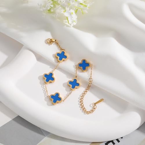 AIPPK 18K Gold Plated Clover Bracelet Set for Women Fashion Simple Four Leaf Lucky Flower Bracelets Jewelry Gifts for Women 3Pcs (Blue+Dark blue+Purple) - Image 3