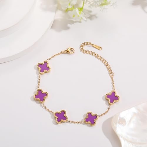 AIPPK 18K Gold Plated Clover Bracelet Set for Women Fashion Simple Four Leaf Lucky Flower Bracelets Jewelry Gifts for Women 3Pcs (Blue+Dark blue+Purple) - Image 5
