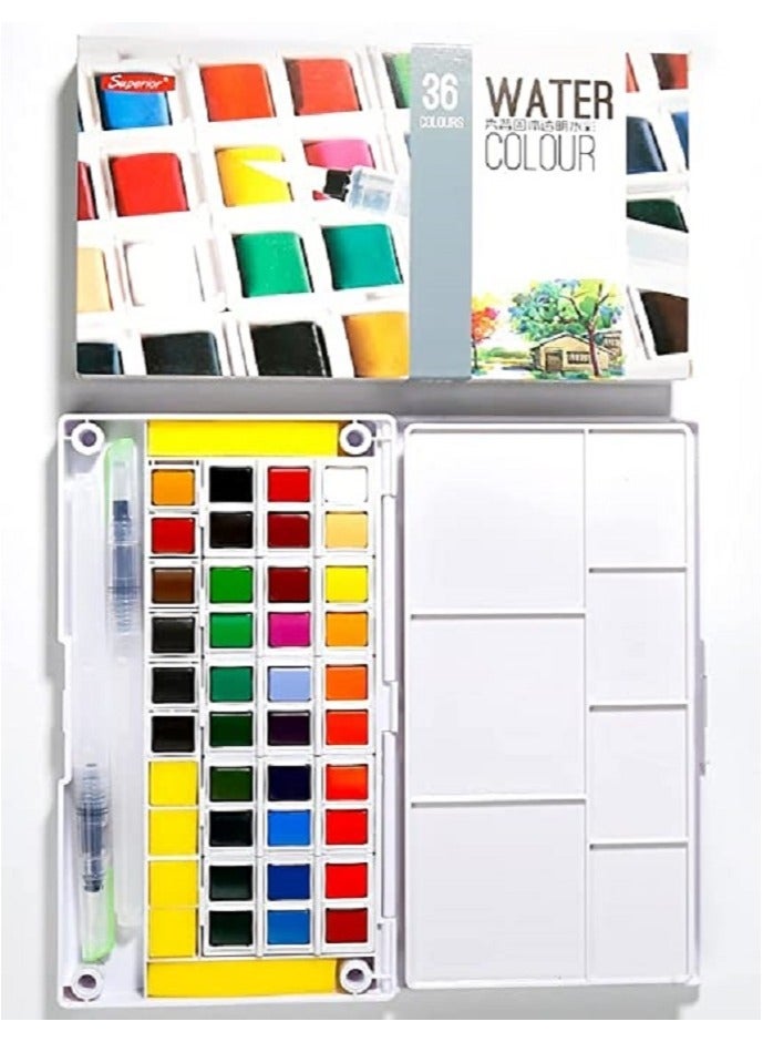 سوبيريور مجموعة ألوان مائية - 36 قطعة مع فرشاة رسم - الوان اكوريل حجر 36 لون - Image 1