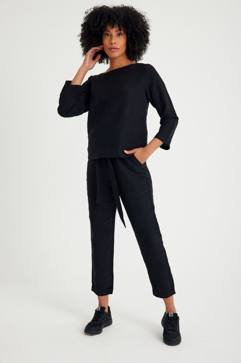 Barbora Linen Casual Waist Belted Women's Two Piece Set Bottom Top LN01SIYAH9  - Image 1