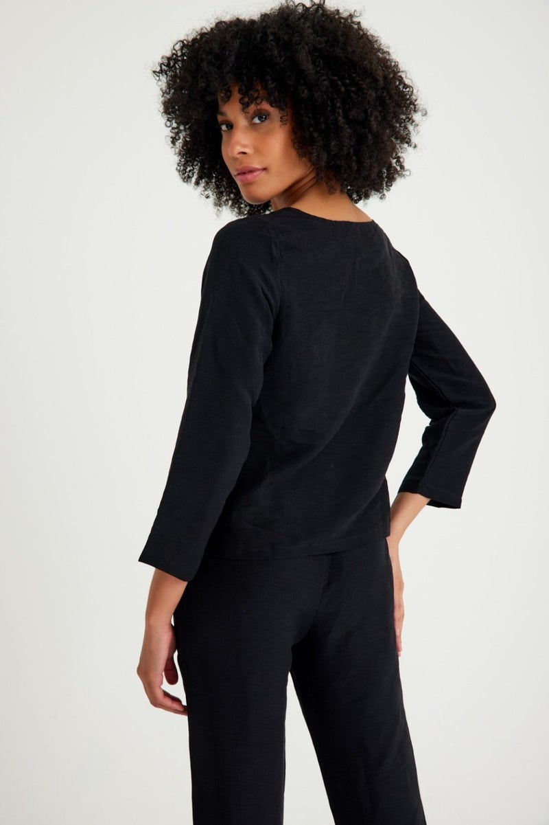 Barbora Linen Casual Waist Belted Women's Two Piece Set Bottom Top LN01SIYAH9  - Image 3