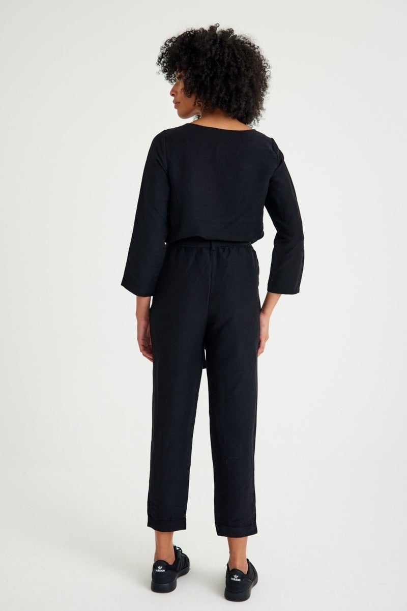 Barbora Linen Casual Waist Belted Women's Two Piece Set Bottom Top LN01SIYAH9  - Image 2