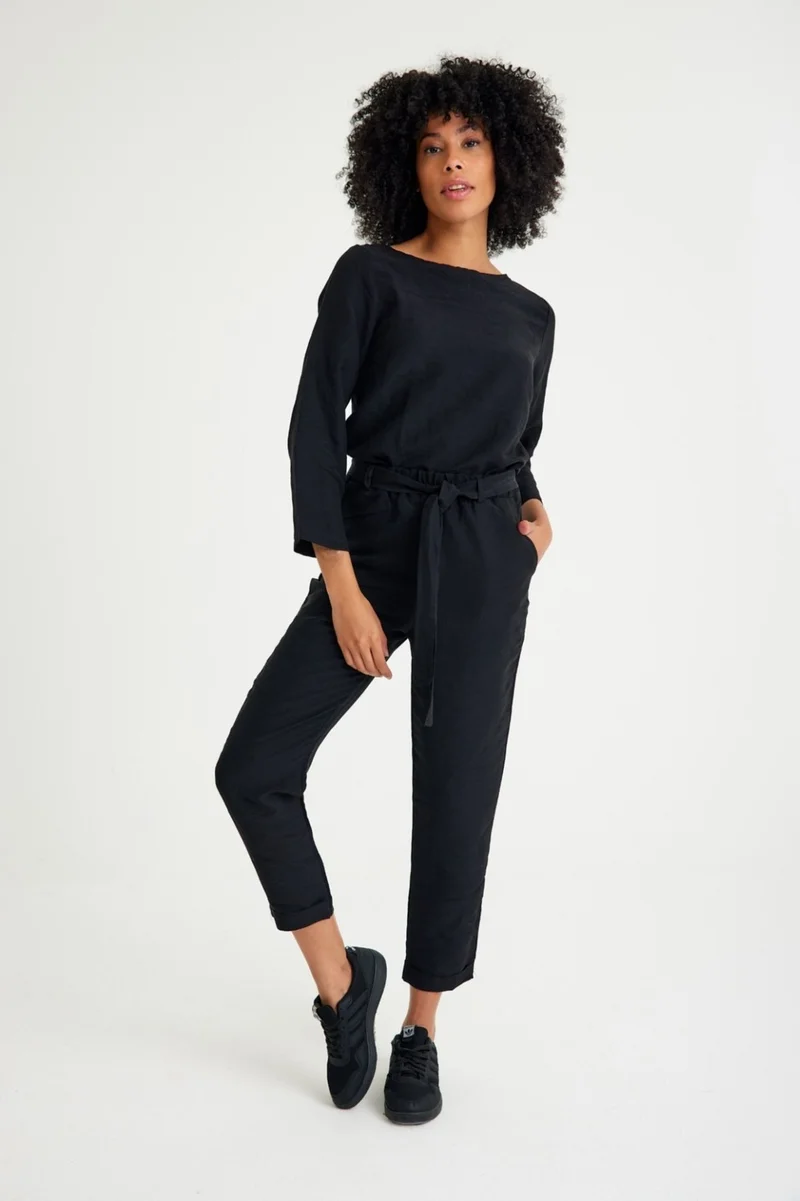 Barbora Linen Casual Waist Belted Women's Two Piece Set Bottom Top LN01SIYAH9