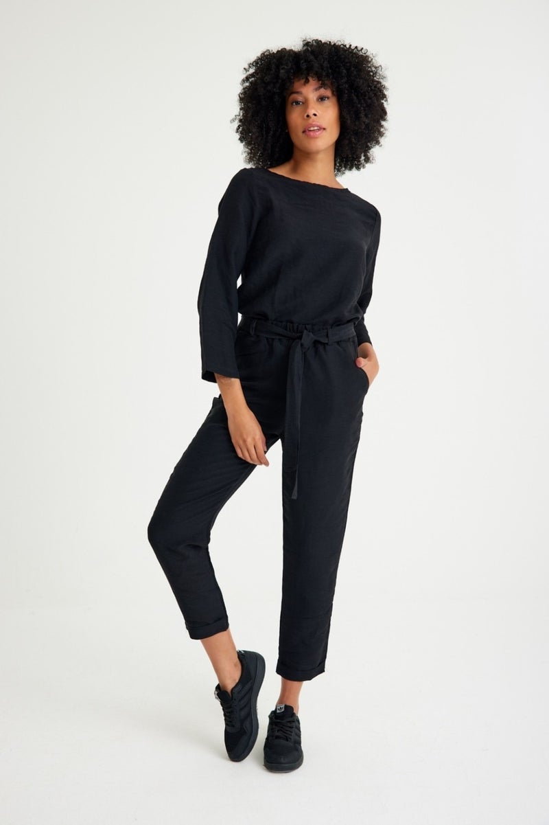 Barbora Linen Casual Waist Belted Women's Two Piece Set Bottom Top LN01SIYAH9  - Image 5