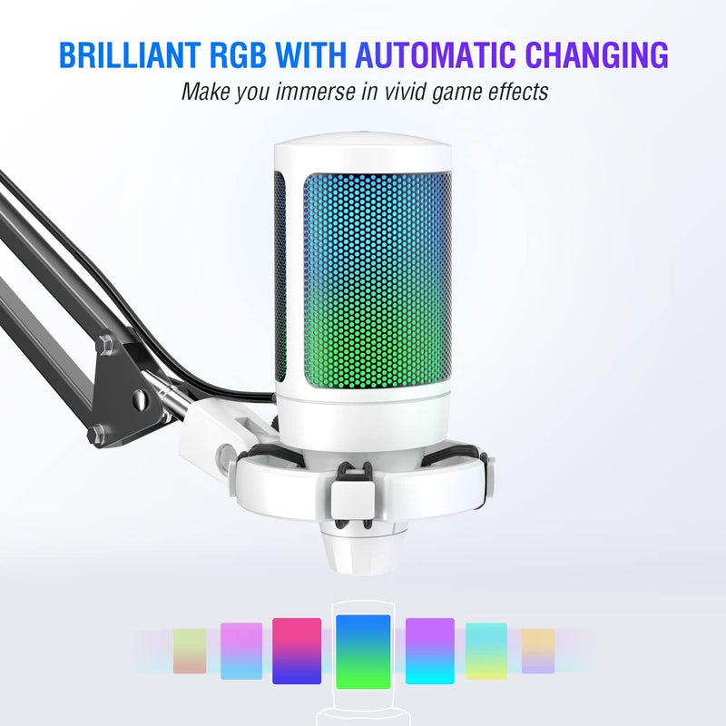 FIFINE مجموعة ميكروفون USB للألعاب من FIFINE، ميكروفون مكثف RGB متوافق مع PS4/PS5، توصيل وتشغيل لتسجيل الموسيقى، الألعاب عبر الإنترنت، ديسكورد، تويتش، مع فلتر صوتي، حامل صدمات - A6T أبيض - Image 3