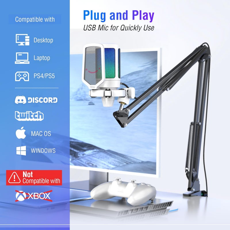 FIFINE مجموعة ميكروفون USB للألعاب من FIFINE، ميكروفون مكثف RGB متوافق مع PS4/PS5، توصيل وتشغيل لتسجيل الموسيقى، الألعاب عبر الإنترنت، ديسكورد، تويتش، مع فلتر صوتي، حامل صدمات - A6T أبيض - Image 5