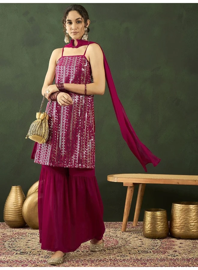 أيه كيه إس Ethnic Motifs Embroidered Sequinned Kurta With Sharara & Dupatta