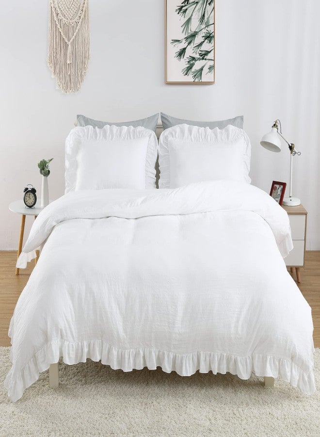 CAROMIO White Ruffled Duvet Cover Twin, 2PCS Soft Washed Microfiber Vintage French Country Duvet Cover Set for Kids Girls, White, 68x90 in - Image 2