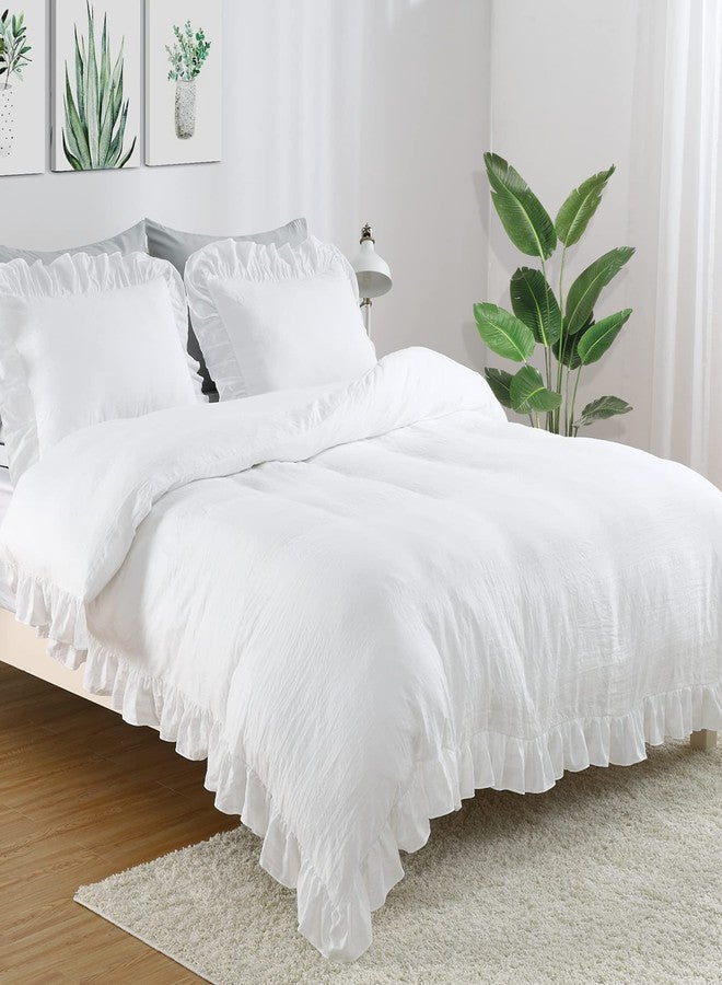 CAROMIO White Ruffled Duvet Cover Twin, 2PCS Soft Washed Microfiber Vintage French Country Duvet Cover Set for Kids Girls, White, 68x90 in - Image 1