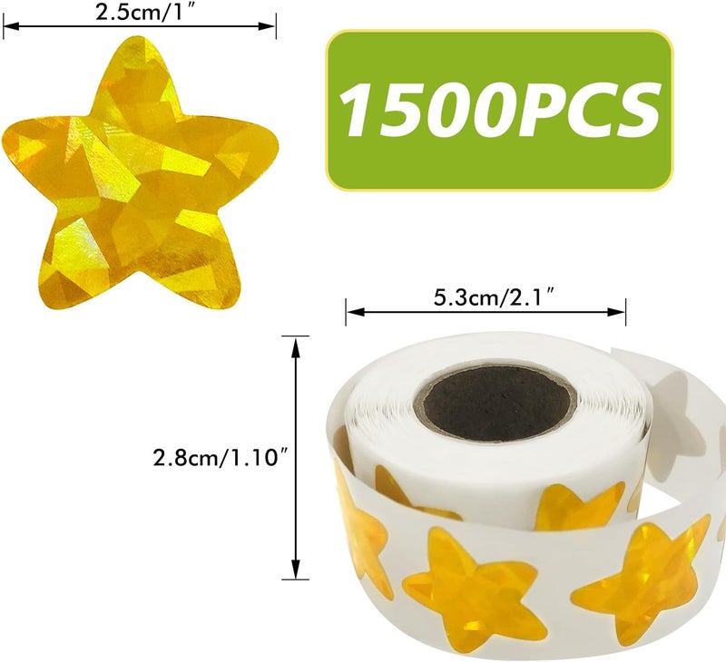 XITDW 3 Rolls Gold Star Stickers,1500Pcs Holographic Star Stickers for Kids Reward, Shiny Metallic Foil Star Stickers for Student Planner and School Classroom Teacher Supplies - Image 2