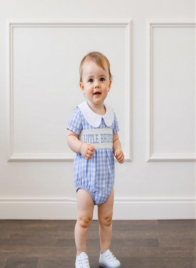 Licupiee Infant Boy Short Sleeve Smocked Romper Babydoll Collar Embroidery Letter Bubble Bodysuit Newborn Baby Summer Clothes (Blue Little Brother, 0-3 Months) - Image 2