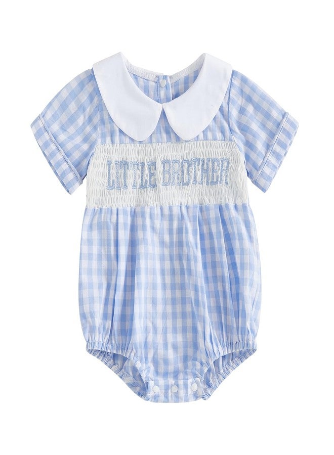 Licupiee Infant Boy Short Sleeve Smocked Romper Babydoll Collar Embroidery Letter Bubble Bodysuit Newborn Baby Summer Clothes (Blue Little Brother, 0-3 Months) - Image 1