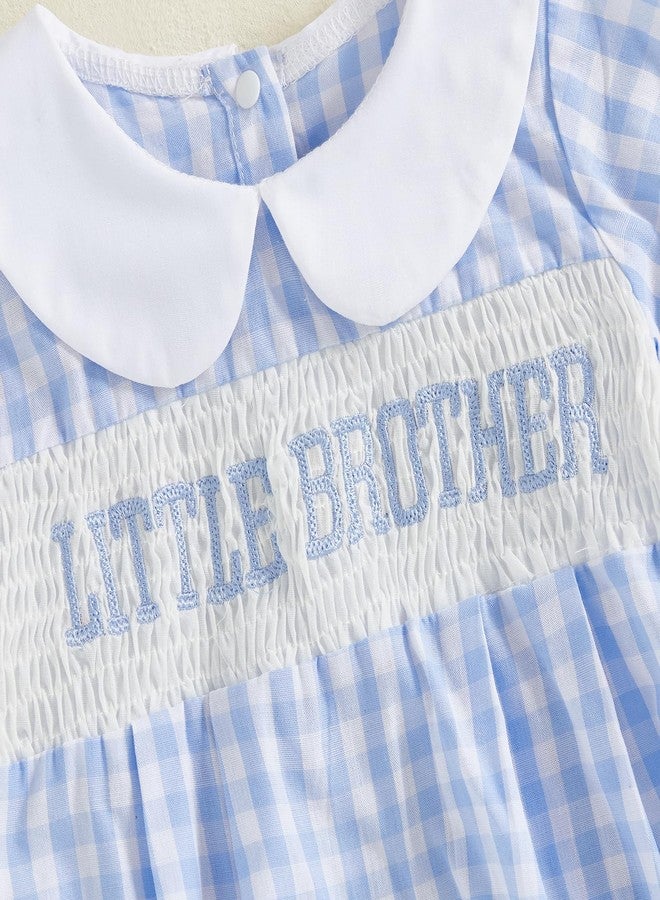 Licupiee Infant Boy Short Sleeve Smocked Romper Babydoll Collar Embroidery Letter Bubble Bodysuit Newborn Baby Summer Clothes (Blue Little Brother, 0-3 Months) - Image 5