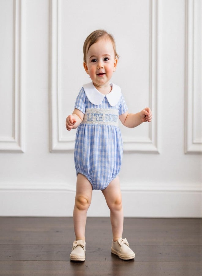 Licupiee Infant Boy Short Sleeve Smocked Romper Babydoll Collar Embroidery Letter Bubble Bodysuit Newborn Baby Summer Clothes (Blue Little Brother, 0-3 Months) - Image 3
