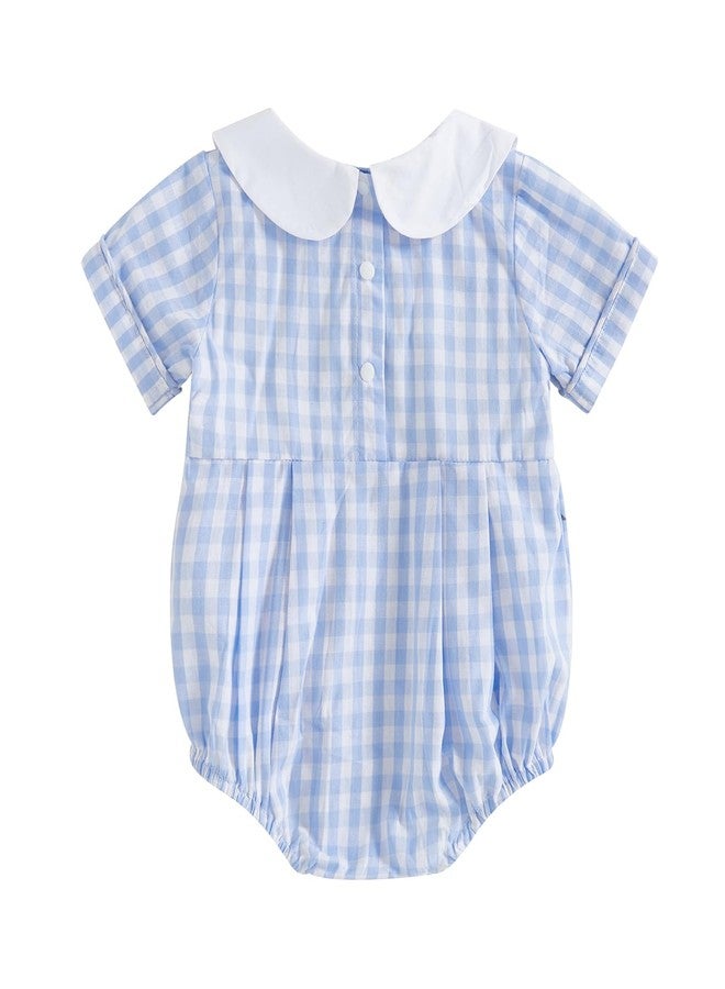 Licupiee Infant Boy Short Sleeve Smocked Romper Babydoll Collar Embroidery Letter Bubble Bodysuit Newborn Baby Summer Clothes (Blue Little Brother, 0-3 Months) - Image 4