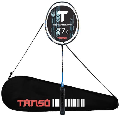 TANSO Arashi 2.0 Full Graphite Ultra Light Weight Carbon Fibre Strung Badminton Racket with Free Full Racquet Cover (77 Grams, 32 Lbs Tension, Strung with Premium Strings) (Blue) - Image 1